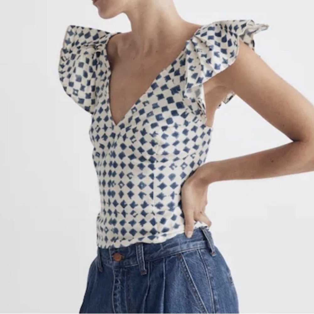 Madewell Shibori- Print V Back Top Blue and White